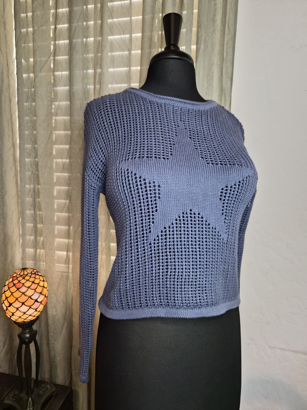 Source‎ Unknown Blue Open-Knit Star Crewneck Sweater